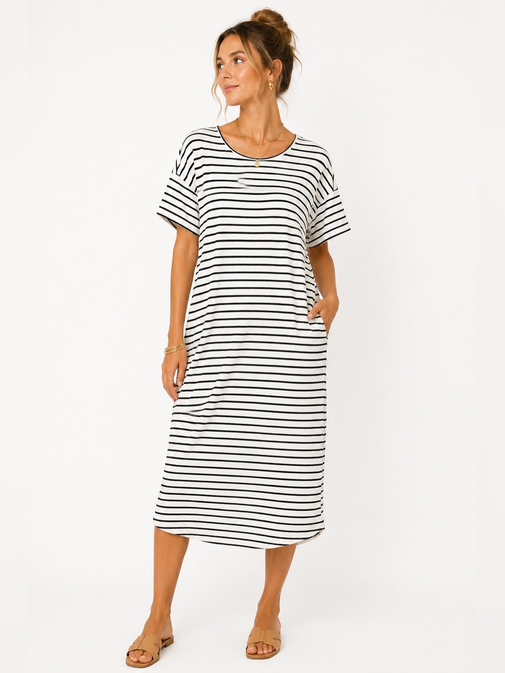 Striped Midi T-Shirt Dress - Black & White with Pockets